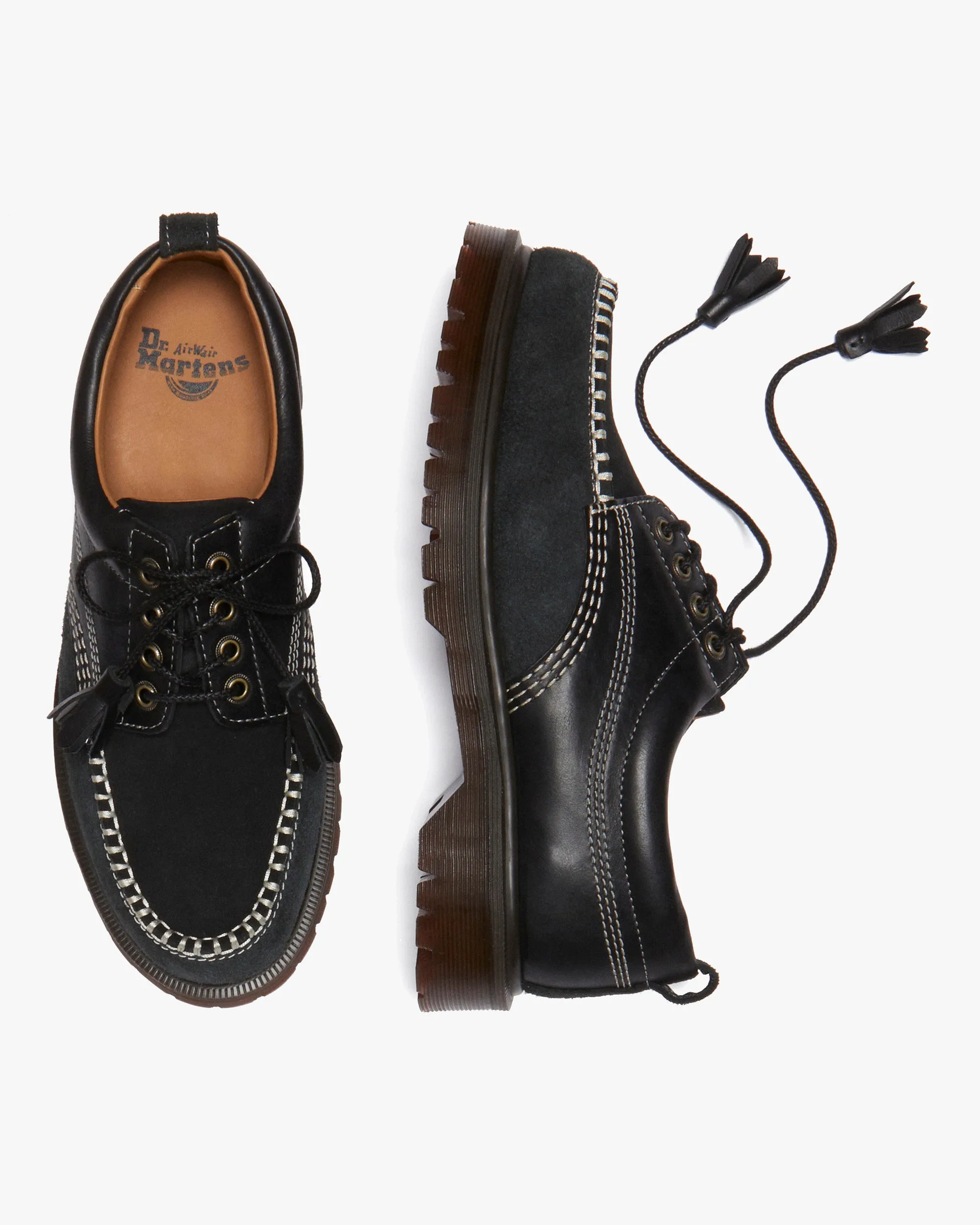 Dr Martens Archive Lowell 4-Eye Moc Toe Shoe - Black Kinsley Tumble / Buttersoft Nubuck / Hairy Suede