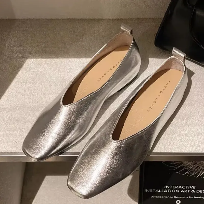 Grade Silver Loafers Casual Gold Pumps Square Toe