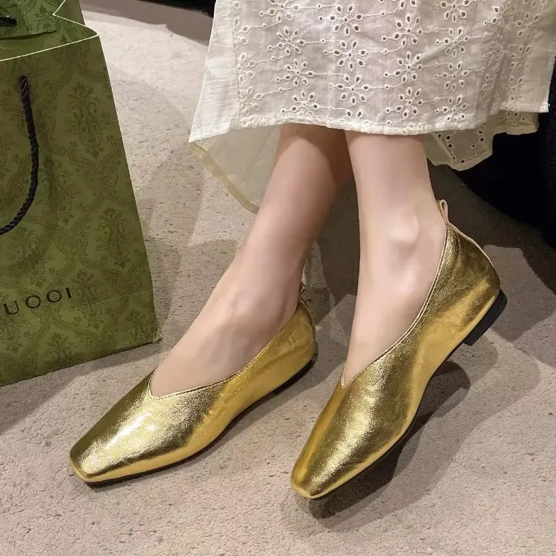 Grade Silver Loafers Casual Gold Pumps Square Toe