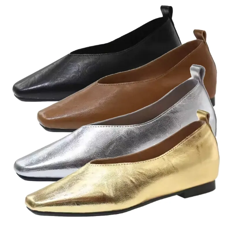 Grade Silver Loafers Casual Gold Pumps Square Toe