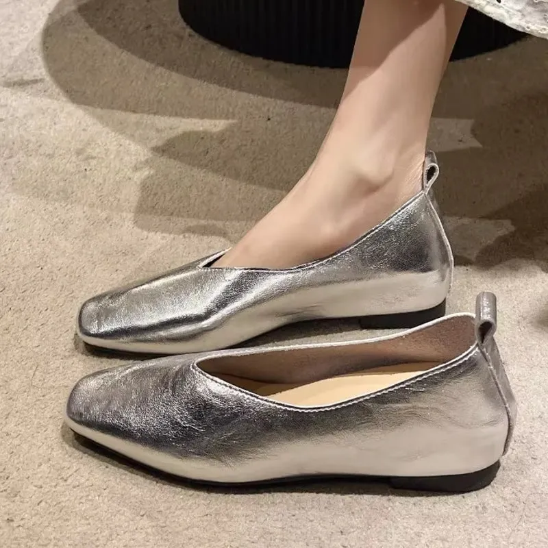 Grade Silver Loafers Casual Gold Pumps Square Toe