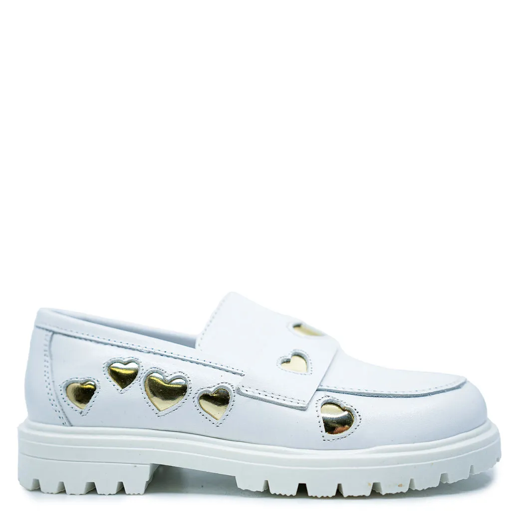 Spain Co White and Gold Heart Chunky Loafer