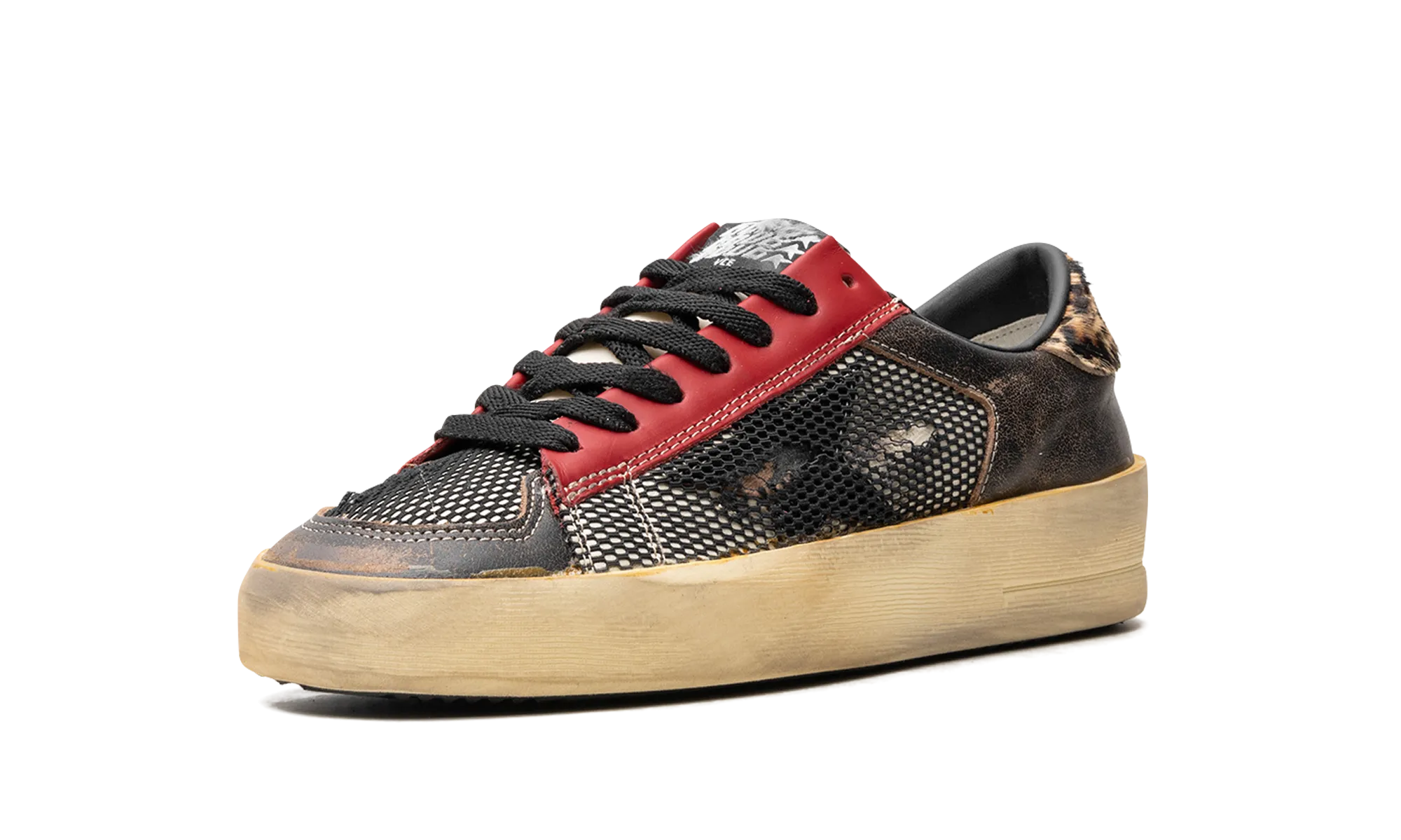 STARDAN NET AND VINTAGE LEATHER UPPER NYLON TONGUE VINTAGE LEATHER STAR LEOPARD HORSY HEEL "BLACK RED LEOPARD BROWN"