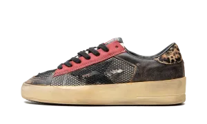 STARDAN NET AND VINTAGE LEATHER UPPER NYLON TONGUE VINTAGE LEATHER STAR LEOPARD HORSY HEEL "BLACK RED LEOPARD BROWN"