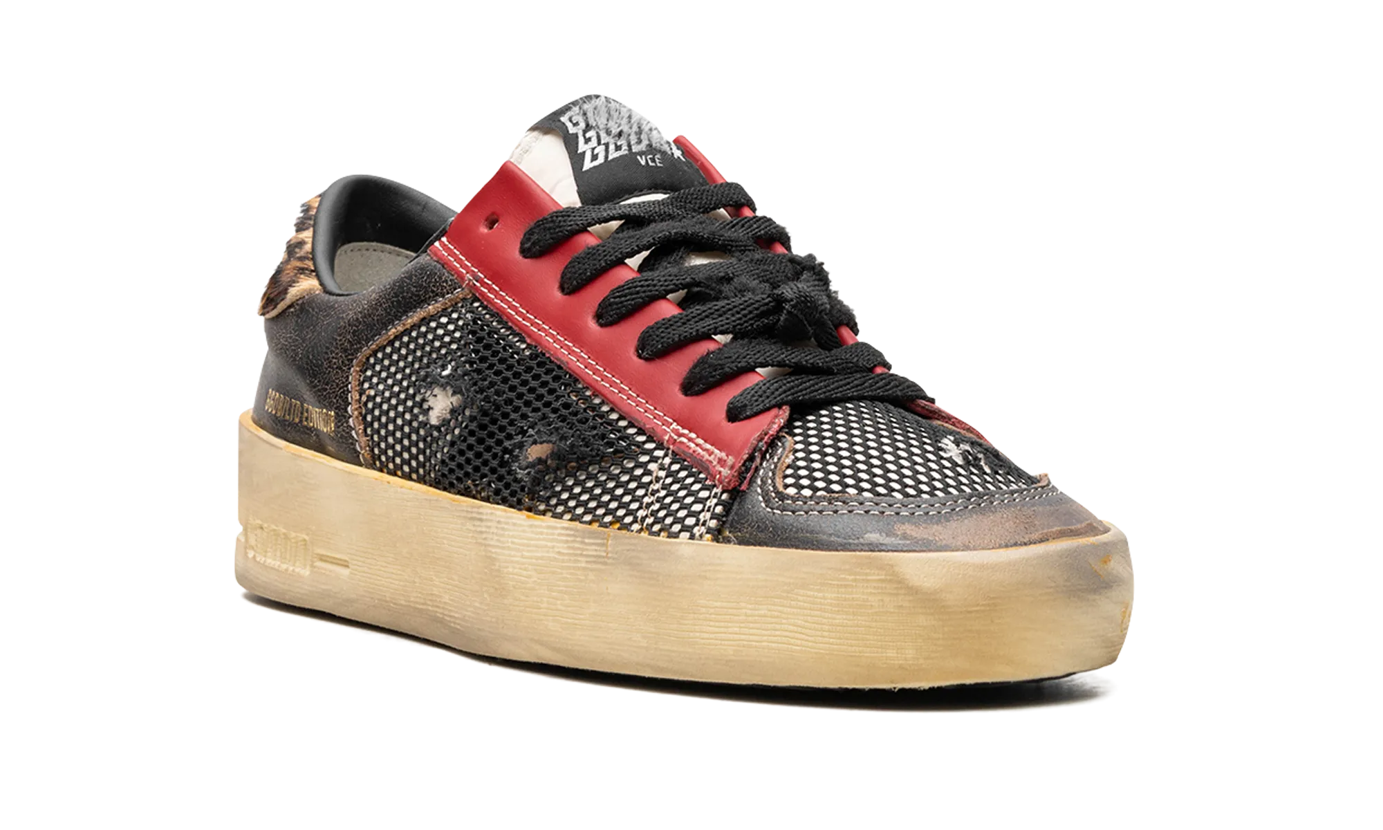 STARDAN NET AND VINTAGE LEATHER UPPER NYLON TONGUE VINTAGE LEATHER STAR LEOPARD HORSY HEEL "BLACK RED LEOPARD BROWN"