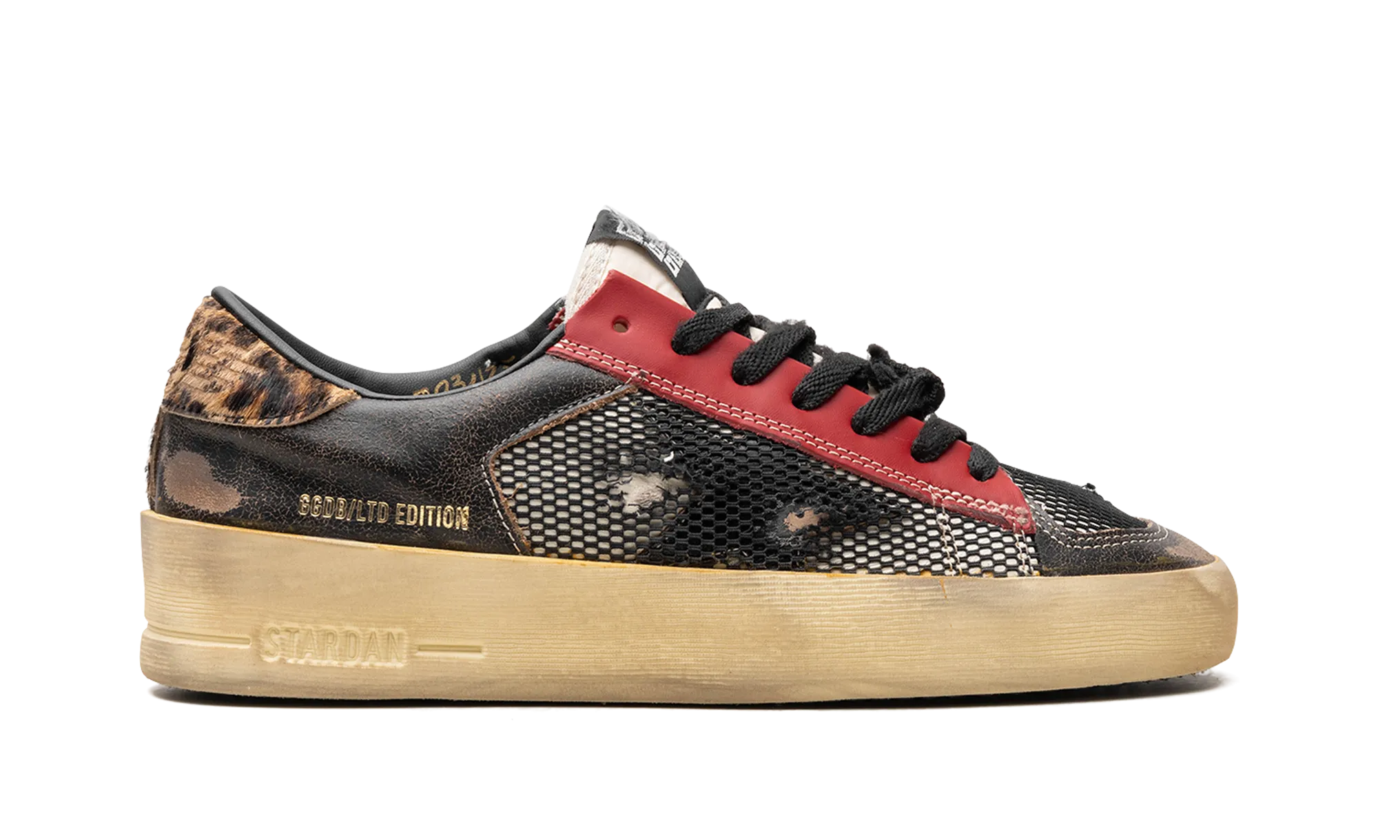 STARDAN NET AND VINTAGE LEATHER UPPER NYLON TONGUE VINTAGE LEATHER STAR LEOPARD HORSY HEEL "BLACK RED LEOPARD BROWN"