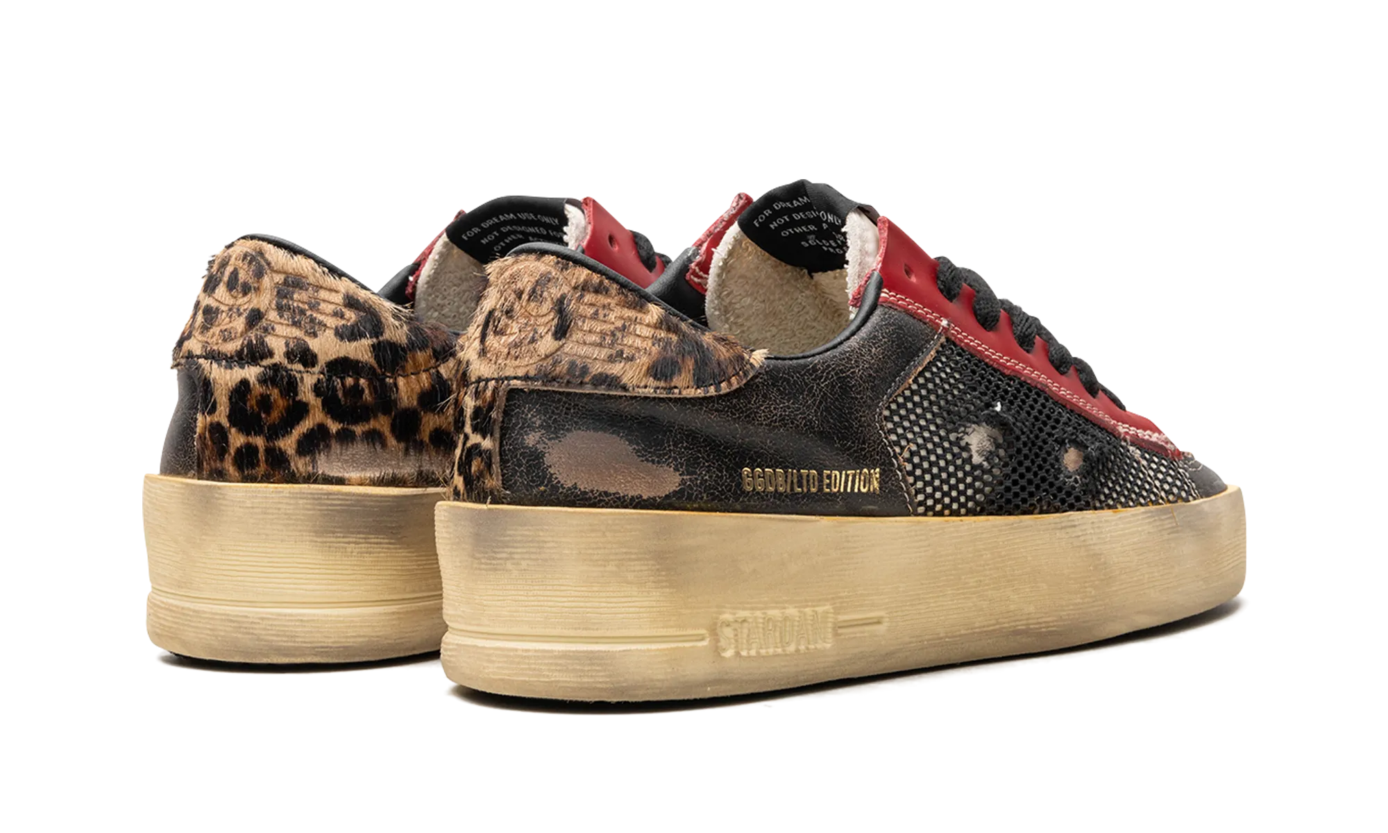 STARDAN NET AND VINTAGE LEATHER UPPER NYLON TONGUE VINTAGE LEATHER STAR LEOPARD HORSY HEEL "BLACK RED LEOPARD BROWN"