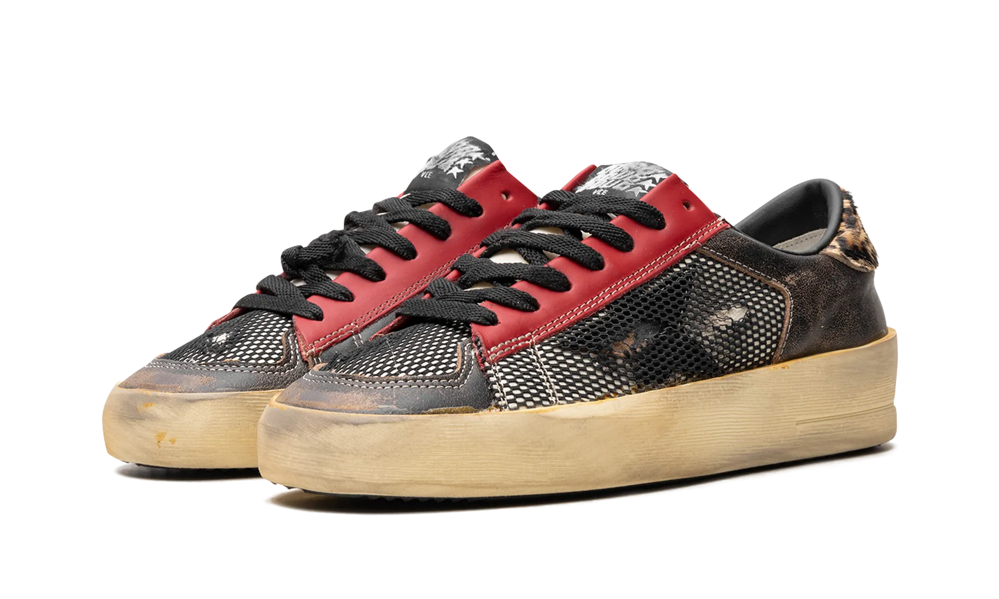 STARDAN NET AND VINTAGE LEATHER UPPER NYLON TONGUE VINTAGE LEATHER STAR LEOPARD HORSY HEEL "BLACK RED LEOPARD BROWN"